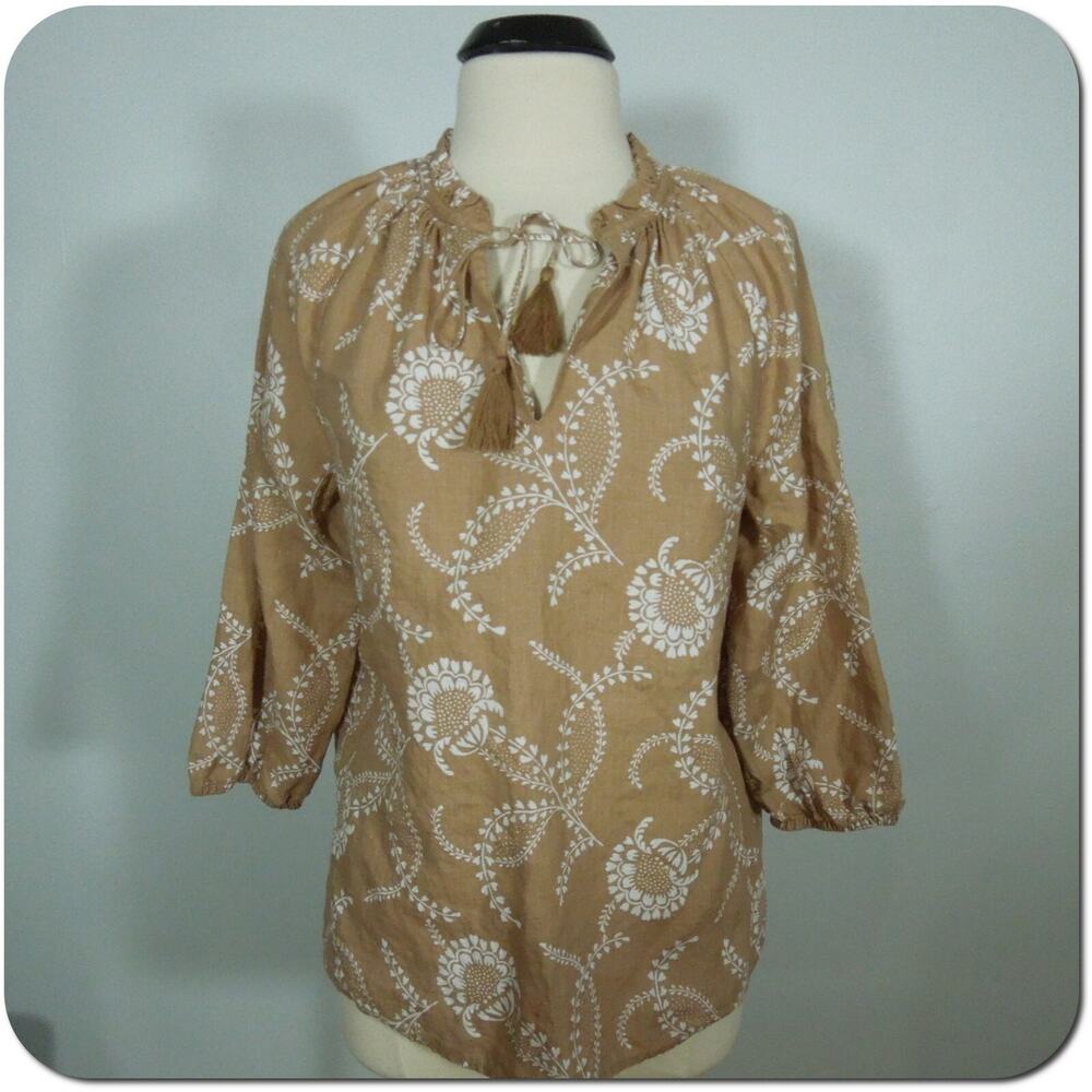 LAND'S END size M Women's Floral Blouse Brown / White Linen Fabric 3/4 Sleeves